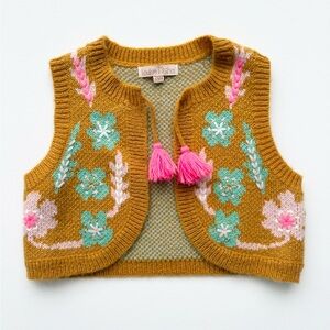 NEW Louise Misha Girls Mustard Floral Knit Vest with Pink Tassels Kids Size 24 M
